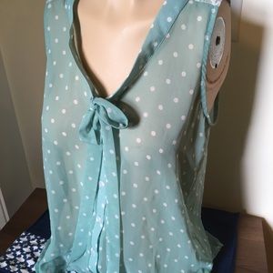 Sleeveless Tie Neck Mint Polka Dot Blouse